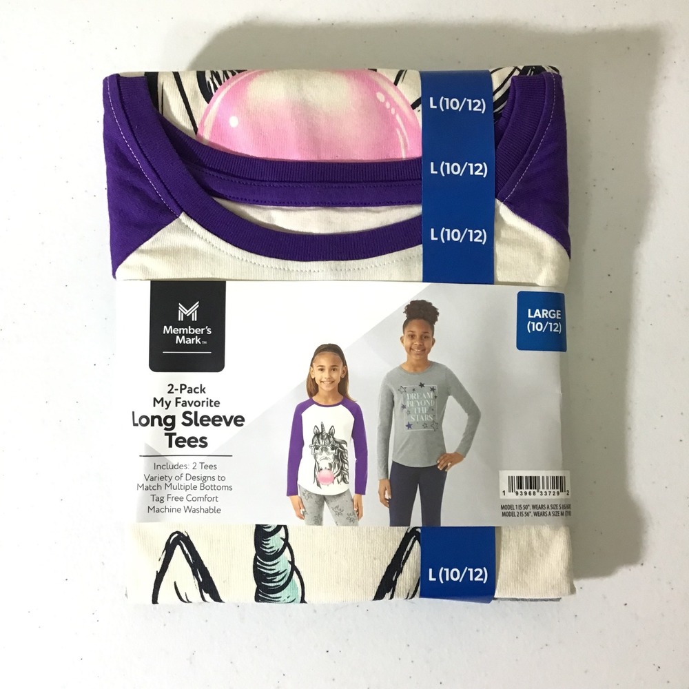 Member's Mark Girls 2-Pack Long Sleeve Tees Unicorn Dream Grey Purple Size 10/12